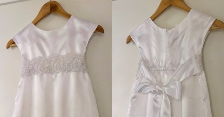 Jessica used the Roller Skate dress to make a beautiful satin baptismal dress.