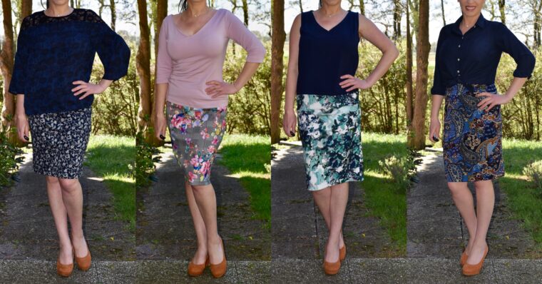 Camelia show off her four versions of the Kensington Knit Skirt pattern, an easy-to-sew wardrobe staple that can be made from minimal fabric.