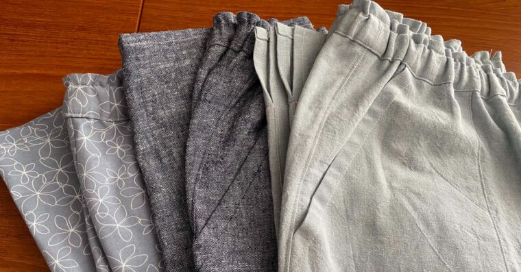 DIY elastic-waist trousers in three fabrics.