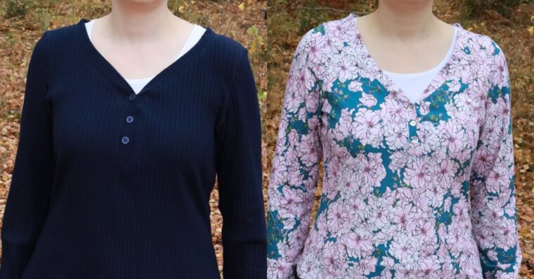 Close up comparing a woman wearing henleys sewn in two types of fabric.