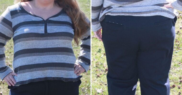 Left pictures is a close up of woman wearing a henley. Right picture is a close up of a woman wearing navy pants.