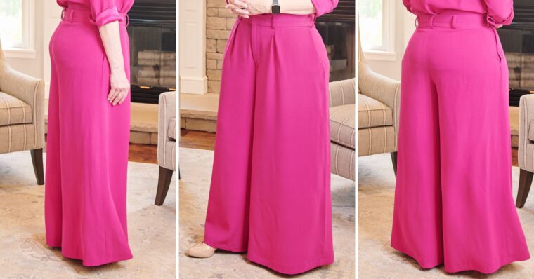 Three close up pictures of woman wearing pink wide-legged trousers to show of the fit of the trousers. The first picture is a side view. The second picture is a front view. The third picture is a back view.