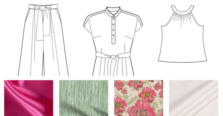 Line drawings and fabric swatches for spring sewing plans