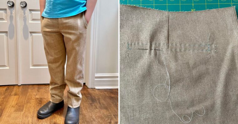 Side by side images. On the left is a young man wearing tan trousers and a light blue shirt. On the right is a close up of a welt pocket construction in progress.