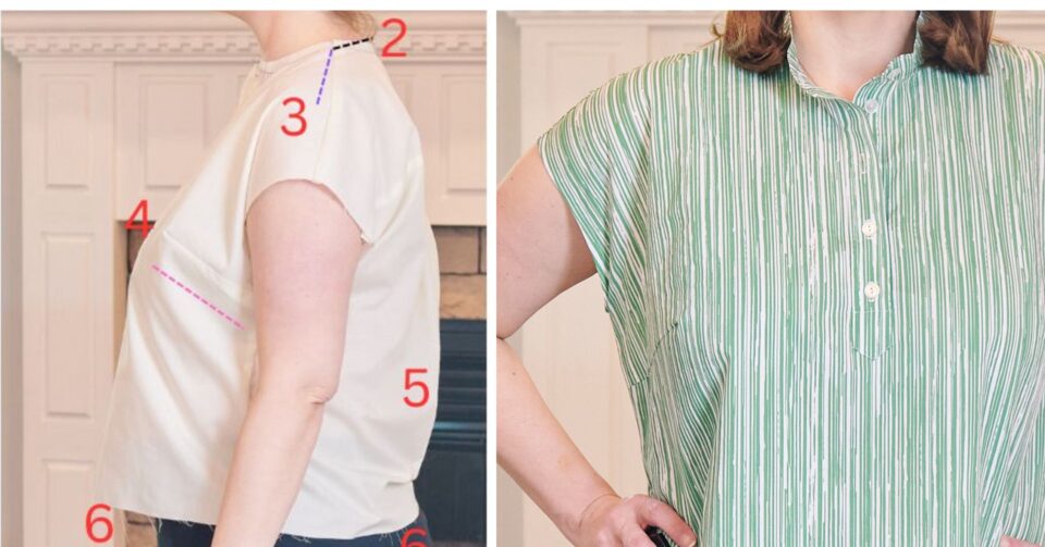 Side by side photos. On the left is a woman wearing a muslin during the fitting process. On the right is close up of woman in the finished dress.