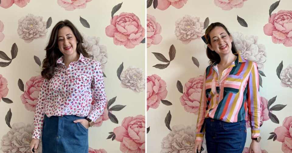 Side by side pictures of a woman wearing two versions of the same shirt pattern