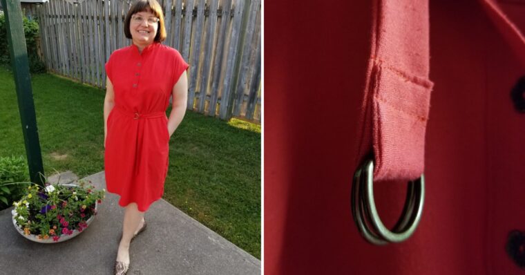 Two pictures side by side. The left picture shows a woman standing in a backyard and smiling, wearing a red short sleeve pullover dress with a button placket at the neckline. She has a belt made in the same fabric. The right picture is a close up of a belt made in the fashion fabric with D-ring closure.