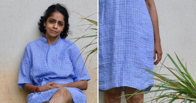 Two pictures side by side. The picture on the left shows a woman sitting and smiling. She is looking at the camera and wearing a blue linen dress. The picture on the right is a close up of the hem of the dress.