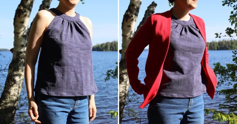 Two pictures side by side. The picture on the left is a close up of a woman wearing a navy halter top. The picture on the right is a close up of a woman wearing a navy halter layered under a red cardigan.