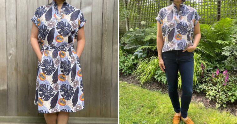 Side by side pictures of a woman wearing a linen Santa Rosa Top. On the left the top is paired with a matching skirt. On the right the top is paired with jeans.