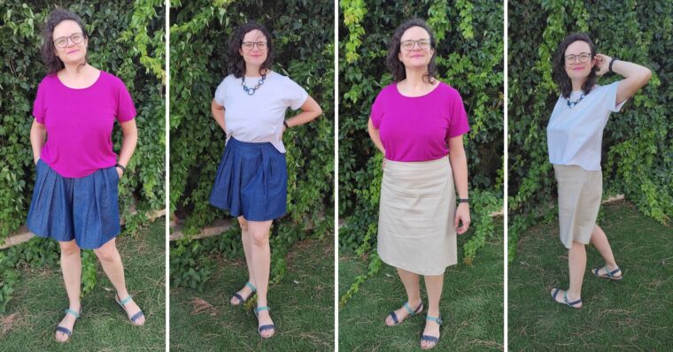 Woman in a summer wardrobe capsule with two different t-shirts and two different bottoms.