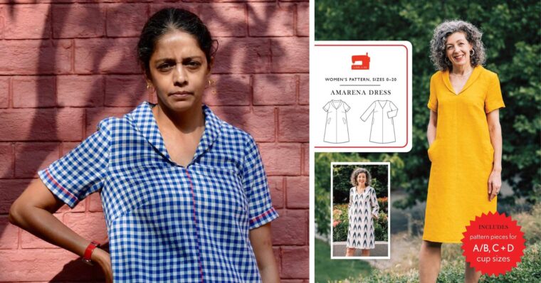 woman models blue gingham dress with shawl collar