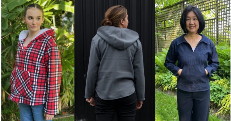 three women wear a v-neck pullover top, the first wears a red and black plaid version with a hood, the second shows the back view of a gray knit pullover, and the third wears a denim collared version.